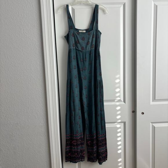 Natural Life Boho Wide Leg Jumpsuit Blue Floral Print Sleeveless Romper Sz L - Picture 2 of 14